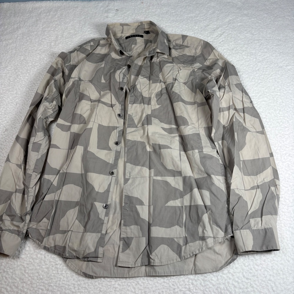 Theory Men's Medium Long Sleeve Gray and White Button Down
